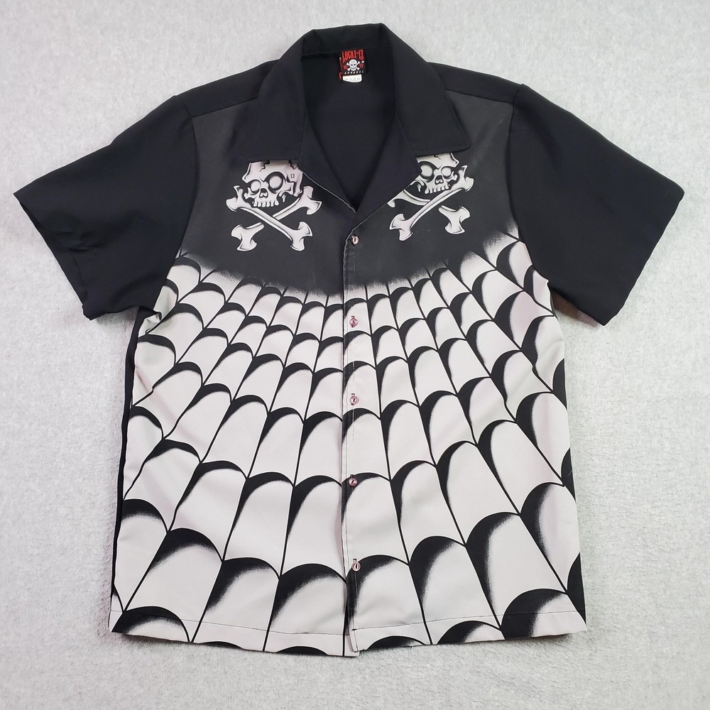 VTG Lucky-13 Shirt Mens XL Black Bowling Button Up Made in USA Skull Spiderweb